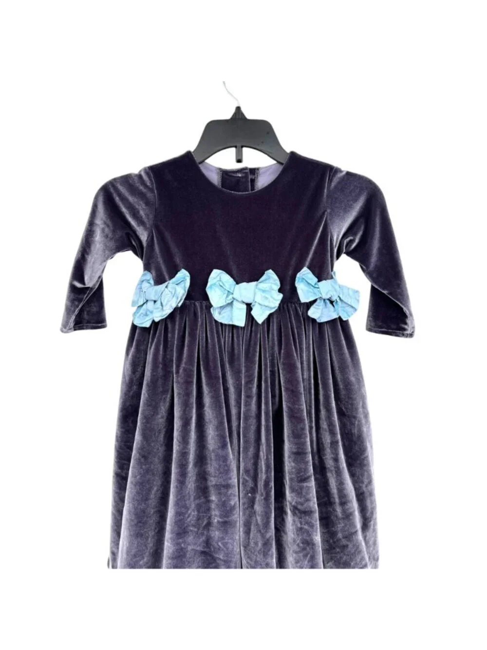Mademoiselle Charlotte Velvet Gray Dress Blue Bow Accents Long Sleeves Size 2T